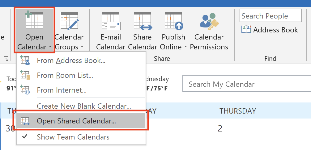 Open a Shared Calendar in Outlook 2016